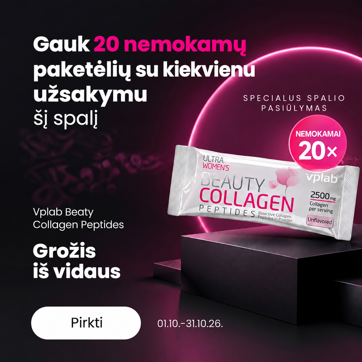 Gaukite 20 nemokamų Beauty Collagen pakelių su kiekvienu užsakymu spalį
