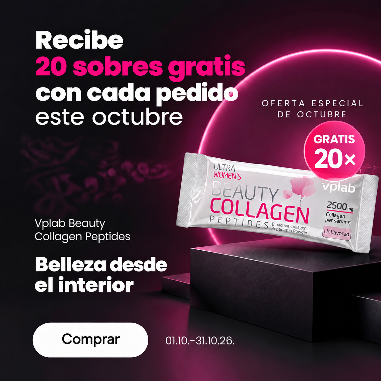 Recibe 20 sobres gratis de Beauty Collagen con cada pedido en octubre